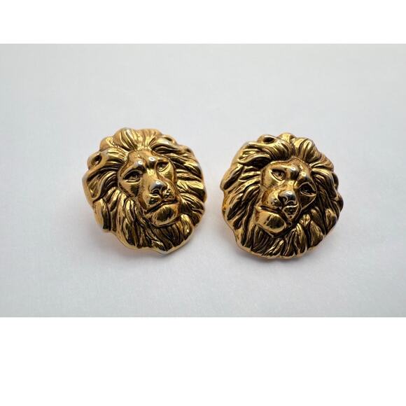 Vintage 80s Figural Lion Head Earrings Gold Tone Statement Pierced - Picture 1 of 7